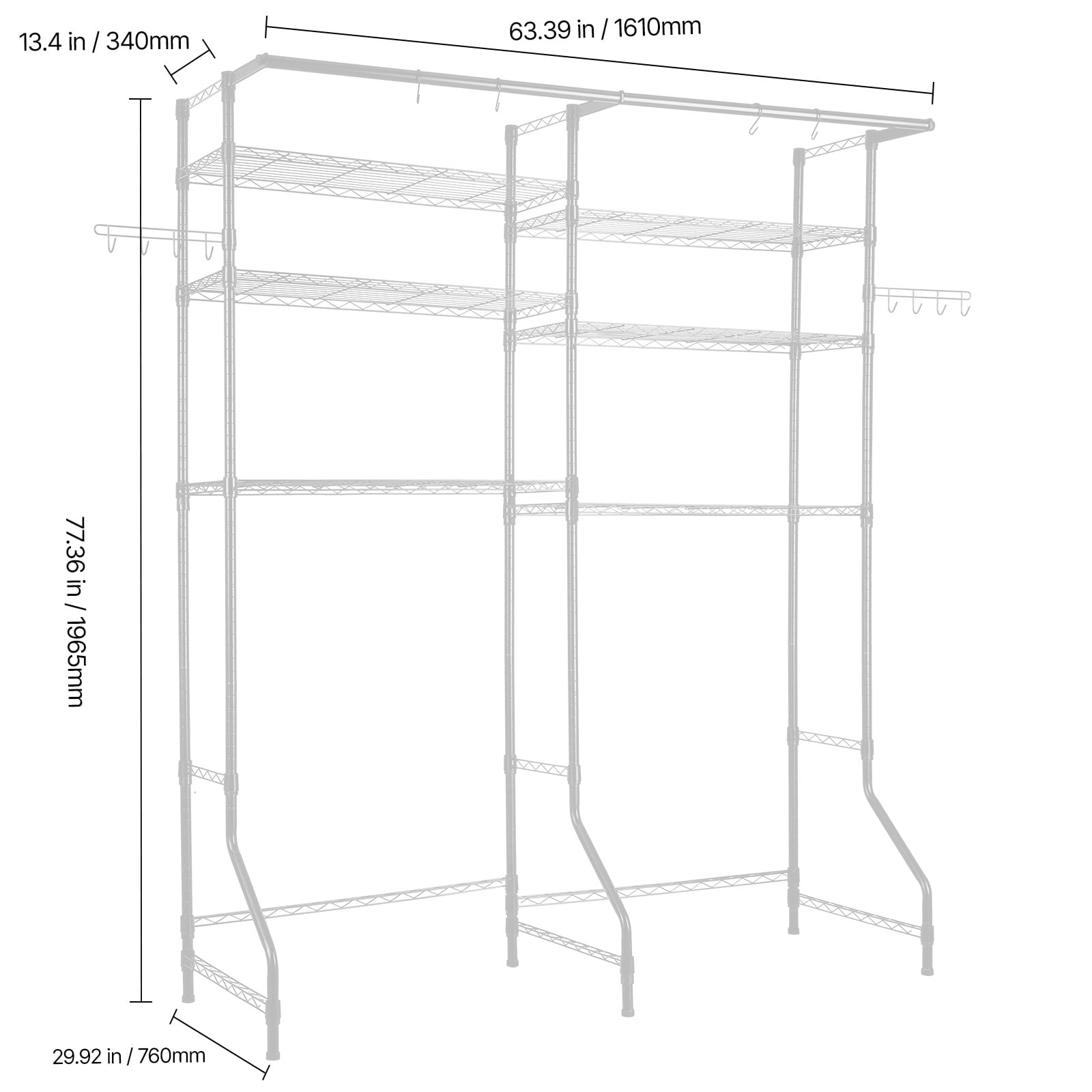 Laundry Room Storage Shelf With Hanging Rail And Hooks White_voghion.com